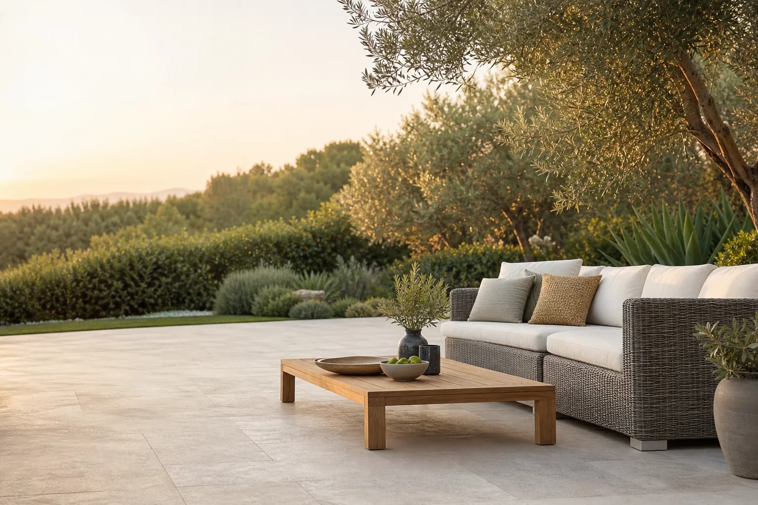 Modern lounge set on a garden terrace